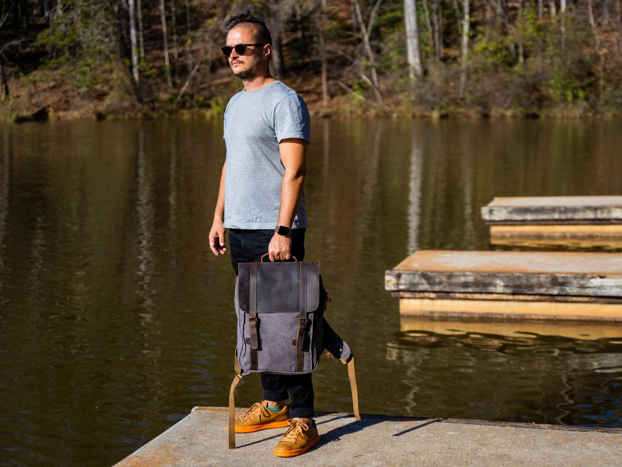 Men's Book Backpack Canvas and Leather - Charcoal