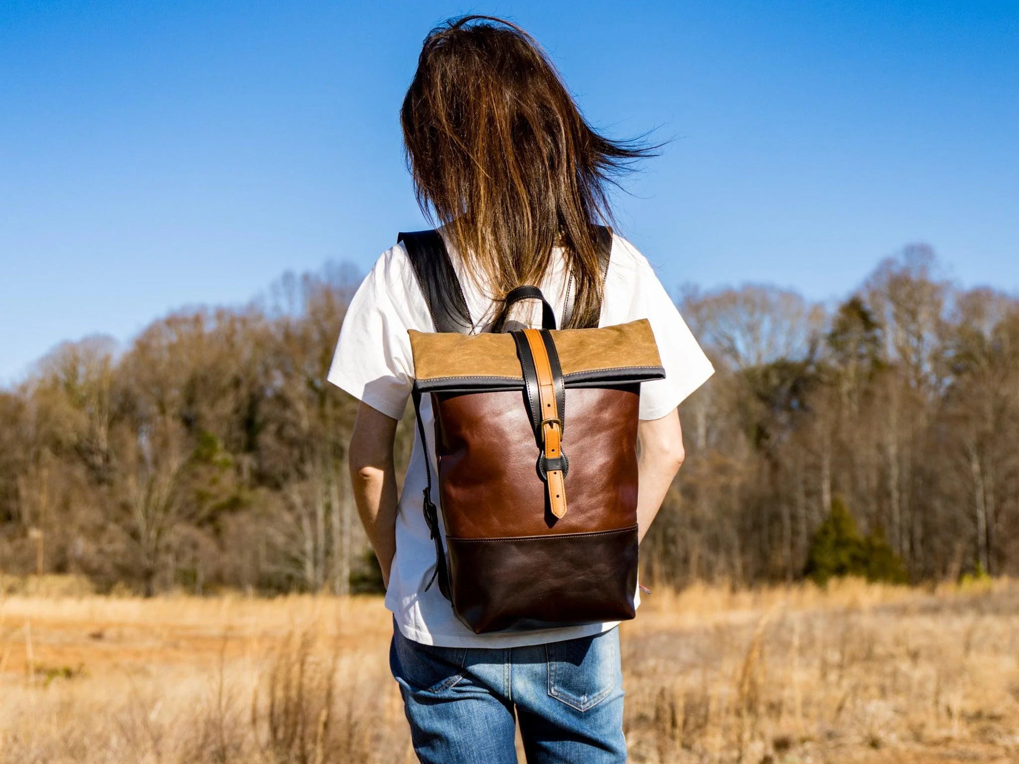 Leather Small Rolltop Backpack - Brown